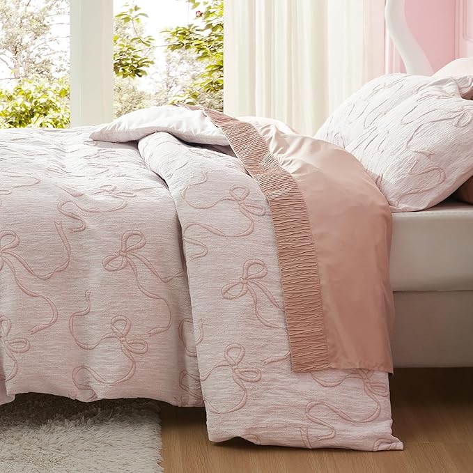 Bedsure Pink Duvet Cover King Size with Bowknot Jacquard Design, Soft and Elegant Boho Bedding Set, Luxurious Craftsmanship for a Stylish Bedroom,Includes 1 104"x90" Duvet Cover & 2 Pillow Shams