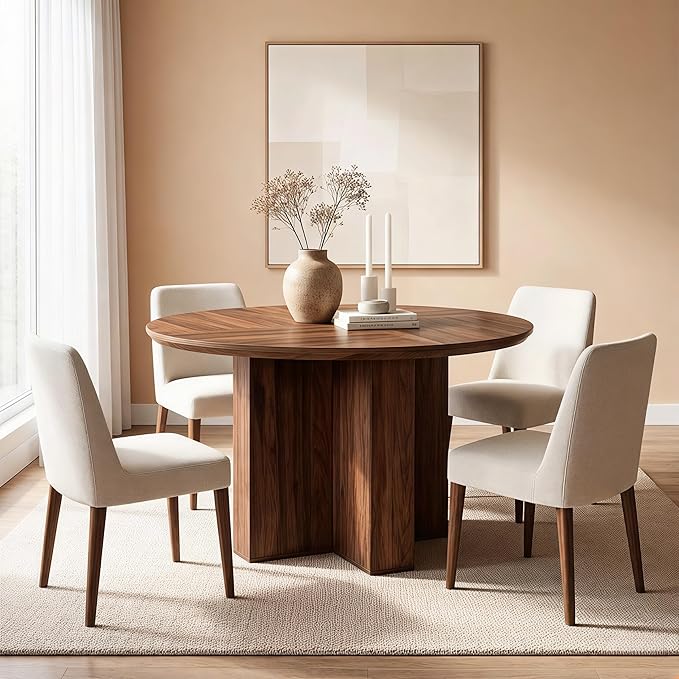 RedLemon Round Dining Table for 4 People, 47" Modern Wood Kitchen Table with Thick Stable Cross Pedestal Base & Curved Edge, Round Dinner Table for Dining Room, Kitchen (Rustic Walnut)