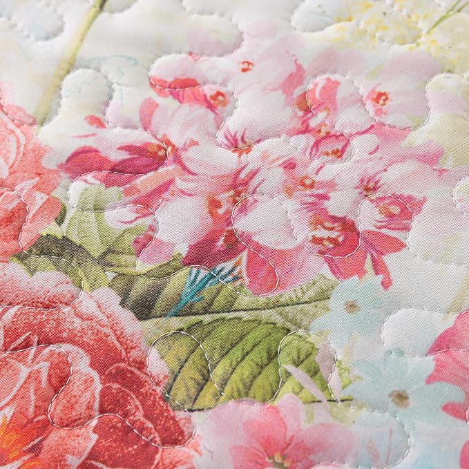 HoneiLife Quilt Sets Queen Size - Floral Quilt 3-Piece, Botanical Bedspreads Wildflower Coverlets for Queen Bed, Microfiber Bed Cover, All Season Quilts-Coral Pink