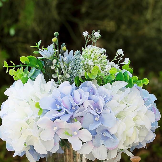 ENOVA FLORAL Artificial Hydrangea Flowers in Vase, Mixed White and Blue Silk Hydrangea in Vase with Faux Water for Dining Table Centerpieces, Home Decor Indoor (FL-159-BlueCream)