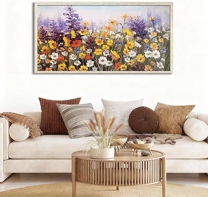 Ardemy Wildflower Wall Art Canvas Living Room Framed Daisy Floral Large Colorful Pictures Wall Decor Textured Purple Paintings Artwork for Walls Bedroom Home Office, 48"x24"