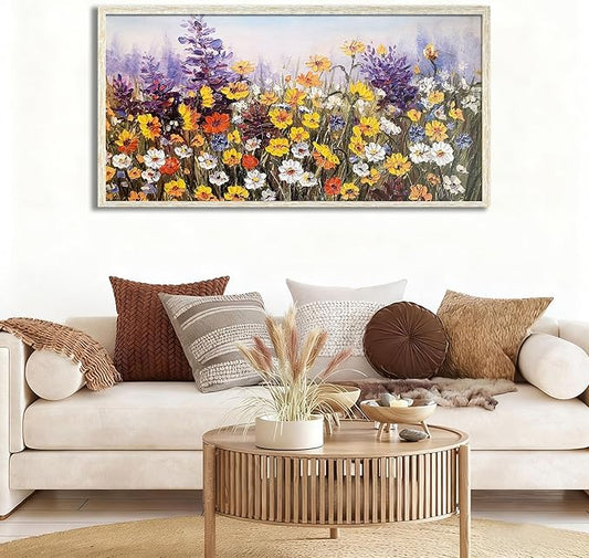 Ardemy Wildflower Wall Art Canvas Living Room Framed Daisy Floral Large Colorful Pictures Wall Decor Textured Purple Paintings Artwork for Walls Bedroom Home Office, 48"x24"