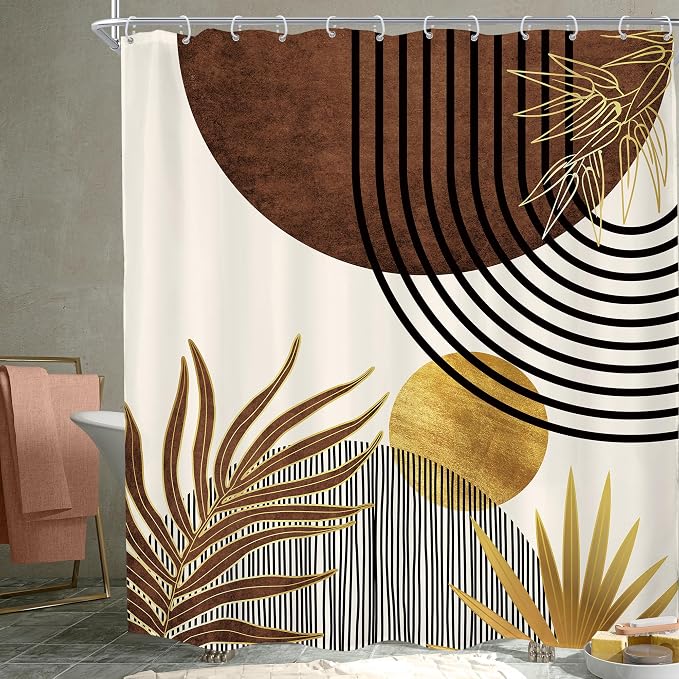 KOMLLEX Mid Century Brown Boho Shower Curtain for Bathroom Decor 72Wx78H Inches Abstract Modern Retro Tan Gold Minimalist Arch Vintage Geometric Fabric Waterproof Polyester 12 Pack Hooks Pack Hooks