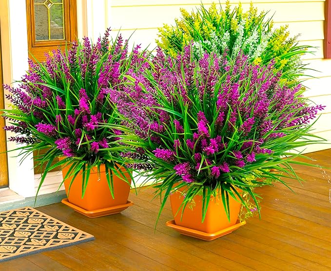 Artificial Plants Outdoor, 20 Pcs Fake Flowers UV Resistant Outdoor Fake Plants, Lavender Artificial Flowers Plastic Fake Faux Flowers Shrubs for Home Porch Garden Yard Window Box