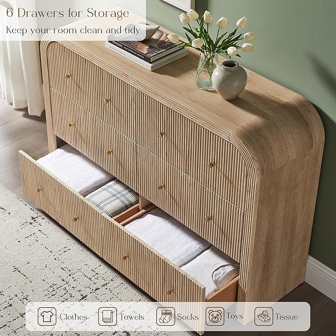 T4TREAM Fluted 6 Drawers Dresser for Bedroom, 54" Wide Modern Chest of Drawers with Thickened Curved Profile Design, Wood Dressers TV Stand for Bedroom, Living Room, Hallway, Natural Oak
