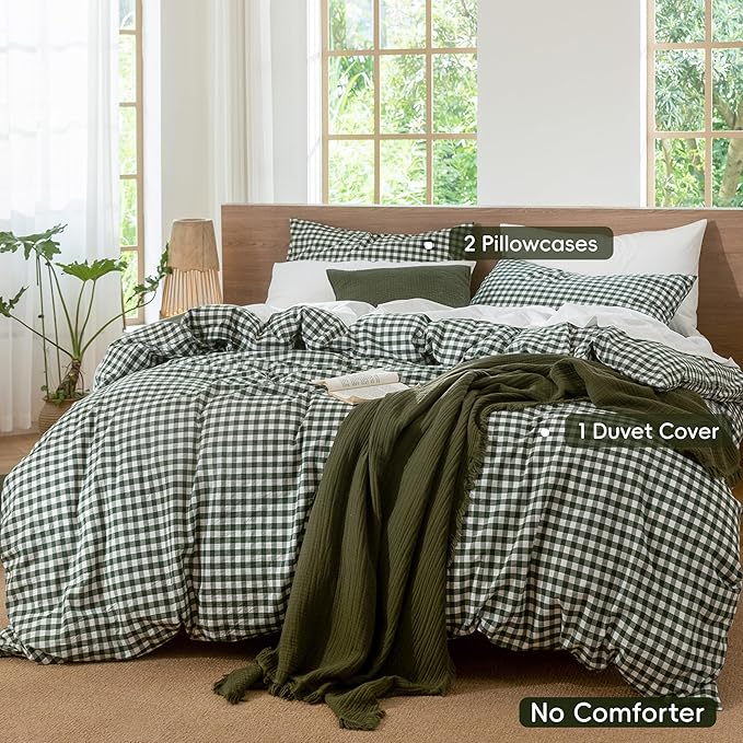 MooMee Gingham Duvet Cover Set 100% Washed Cotton Linen Like Textured Breathable Durable Soft Comfy Modern Checkered Design (Forest Green Gingham, Cal King 104"x98")