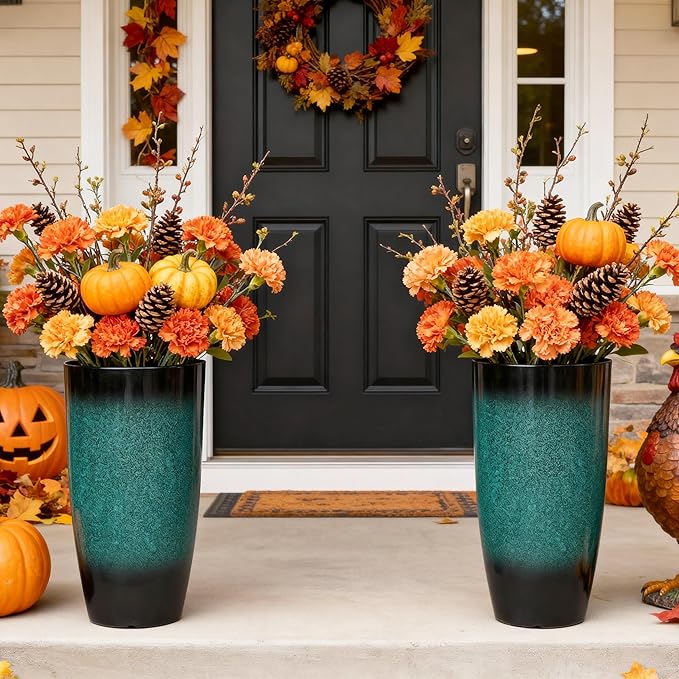 23.75" H Large Tall Outdoor Planters, Set of 2 Plastic Large Flower Pots for Outdoor Plants, Weather-Resistant for Porch, Garden, Patio or Indoor All Season Decor, Gradient Turquoise Finish