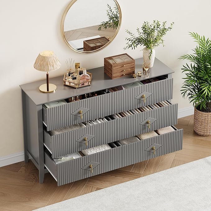 GarveeHome Fluted Dresser for Bedroom, 54 Inch Wide 6-Drawer Wood Dresser, Modern Chest of Drawers, Storage Organizer Cabinet for Living Room, Hallway, Entryway, Grey