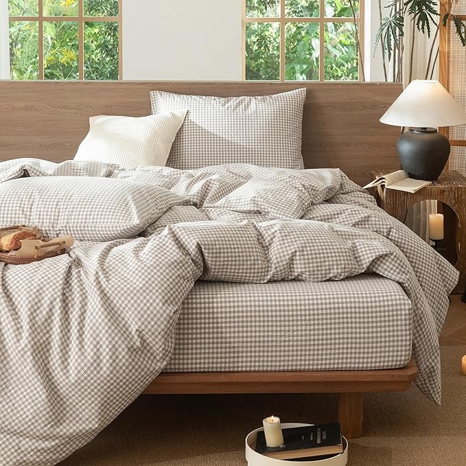 MooMee Gingham Duvet Cover Set 100% Washed Cotton Linen Like Textured Breathable Durable Soft Comfy Modern Checkered Design (Mini Gingham Tannish Linen Grey, Queen 90"x90")