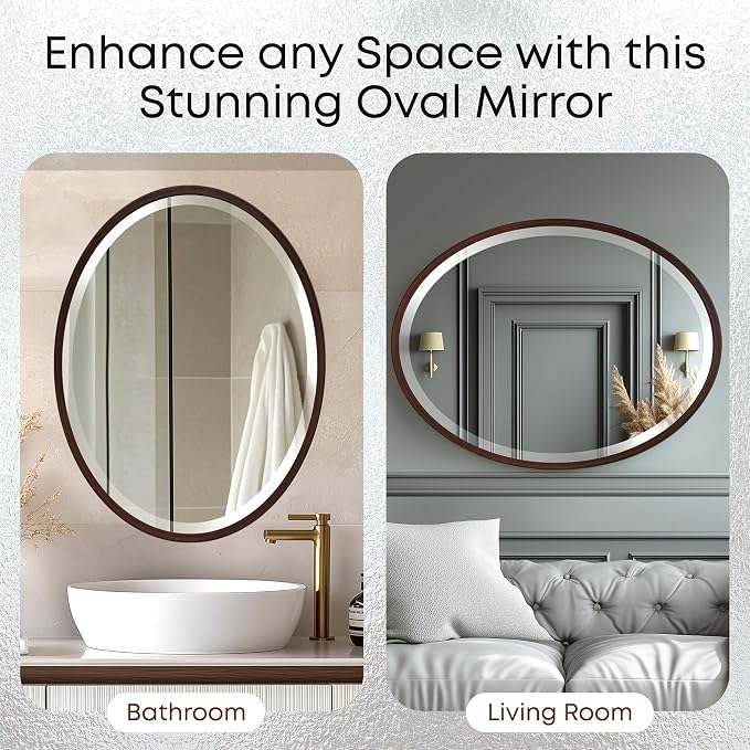 OVALCREST - Oval Wooden Beveled Wall Mirror for Home Decor, Bathroom, Vanity, Bedroom, Living Room, Hallway - London Style (Black Walnut) 17.1 x 13.1