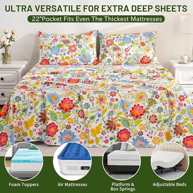 Bedlifes Extra Deep Pocket 18-24" Queen 4-Piece Sheet Set - Cooling Sheets Blend Rayon Derived from Bamboo Soft & Breathable Floral Spring Design