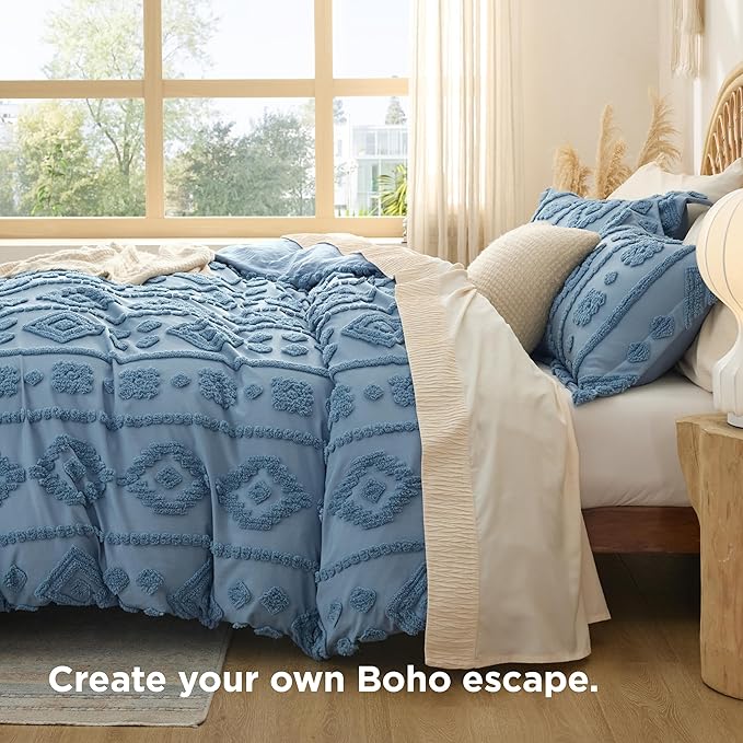 Bedsure Boho Duvet Cover King - Dusty Blue Tufted Boho Bedding, Farmhouse Shabby Chic Embroidery Bedding for All Seasons, 3 Pieces, 1 Soft Jacquard King Comforter Cover and 2 Pillow Shams