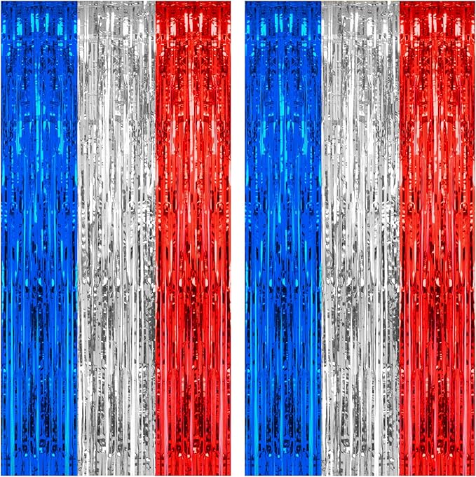 2 Pack 3.2 x 8.2 ft Red White and Blue Foil Fringe Backdrop Curtain, Streamer Backdrop Tinsel Curtains Photo Booth Props for Graduation Birthday Memo