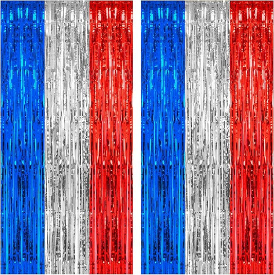 2 Pack 3.2 x 8.2 ft Red White and Blue Foil Fringe Backdrop Curtain, Streamer Backdrop Tinsel Curtains Photo Booth Props for Graduation Birthday Memo