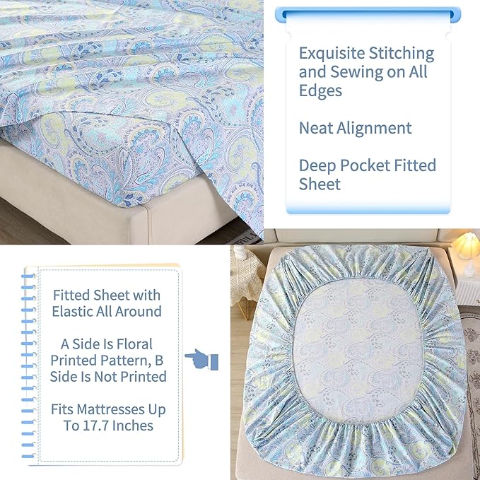 RYNGHIPY Cotton Sheets Floral Print Full Size Sheet Sets Flower Botanical Pattern Egyptian Cotton Bed Sheets Soft and Breathable Deep Pockets (Blue,Full Size)