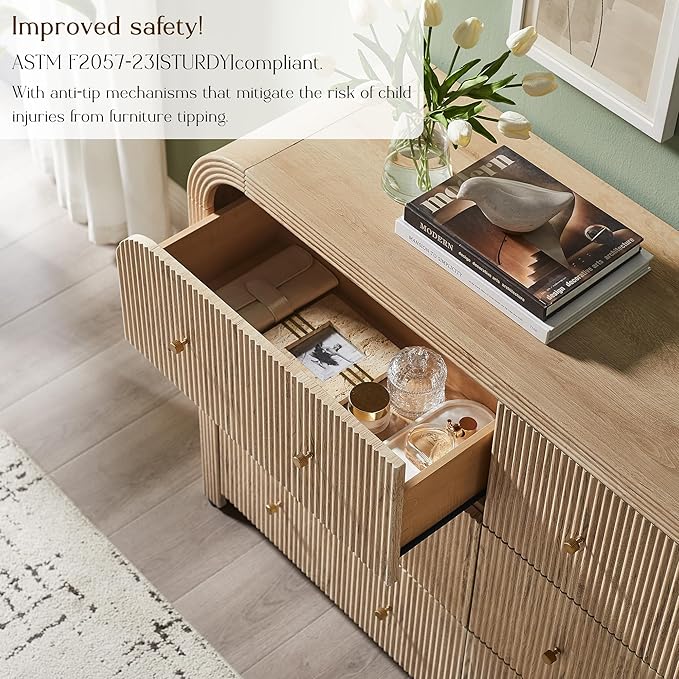 T4TREAM Fluted 6 Drawers Dresser for Bedroom, 54" Wide Modern Chest of Drawers with Thickened Curved Profile Design, Wood Dressers TV Stand for Bedroom, Living Room, Hallway, Natural Oak