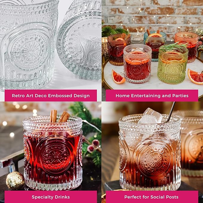Ribbed Retro Arch Floral Clear Drinking Glasses Set of 6, (10 oz) Vintage Glassware Set by Kate Aspen| Cocktail Glass Set, Juice Glass, Water Cups | Great Hostess Gift & Gift for New Home Owners