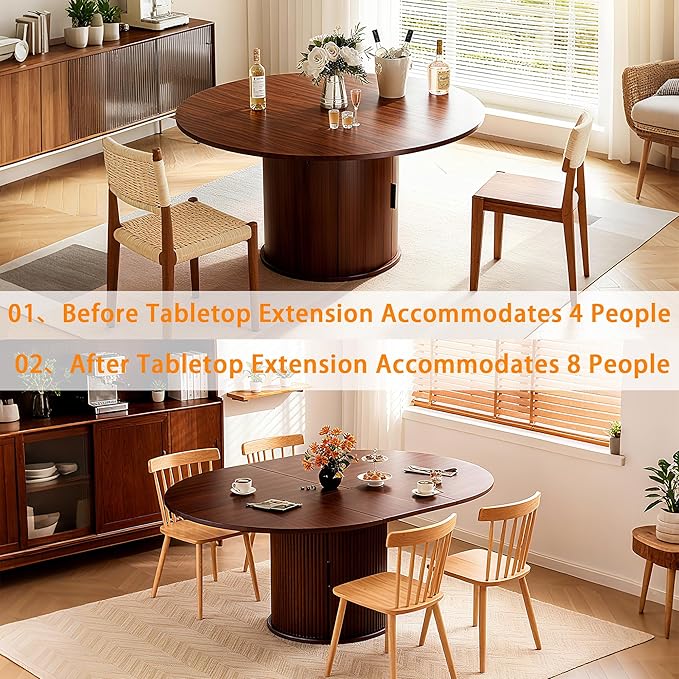 Wildhome Extendable Round Dining Table for 2-4-6, 59 Inch Dining Room Kitchen Table with 2-Tier Storage Shelf, Modern Farmhouse Fluted Wood Slide Door Dinner Furniture,Oval Circle,Walnut-59 Inch
