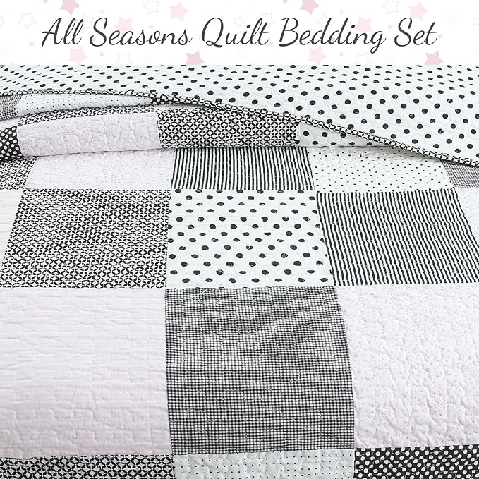 Cozy Line Home Fashions Black White Pink Polka Dots Striped Star Girl 100% Cotton Reversible Quilt Bedding Set, All-Season Coverlet Bedspread (Black Pink, Queen - 2 Piece)