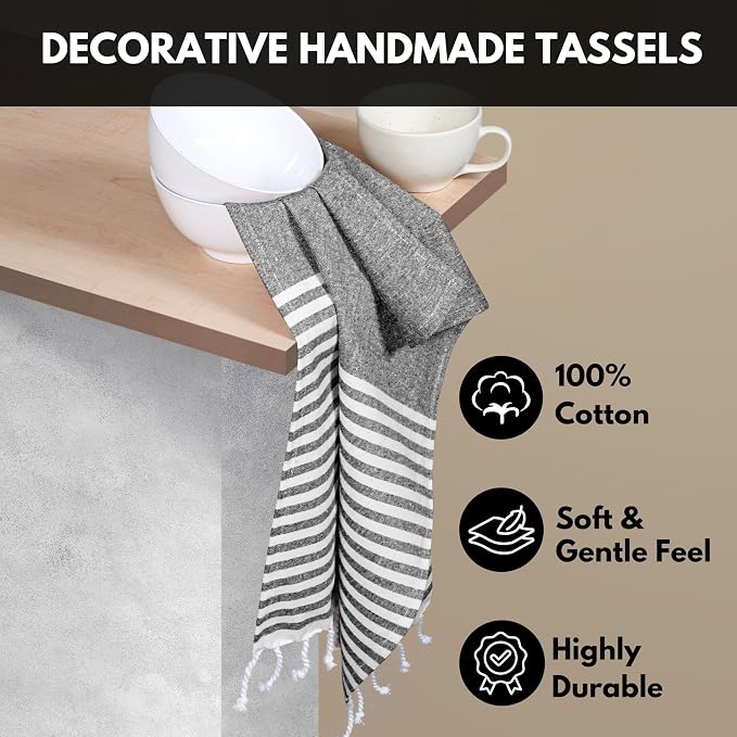 Turkish Kitchen Towels 18x26 Inches with Tassels - 4 Pack - Absorbent, Durable, Soft 100% Cotton Dish Towels for Drying & Cleaning - Machine Washable, Quick Dry - Black