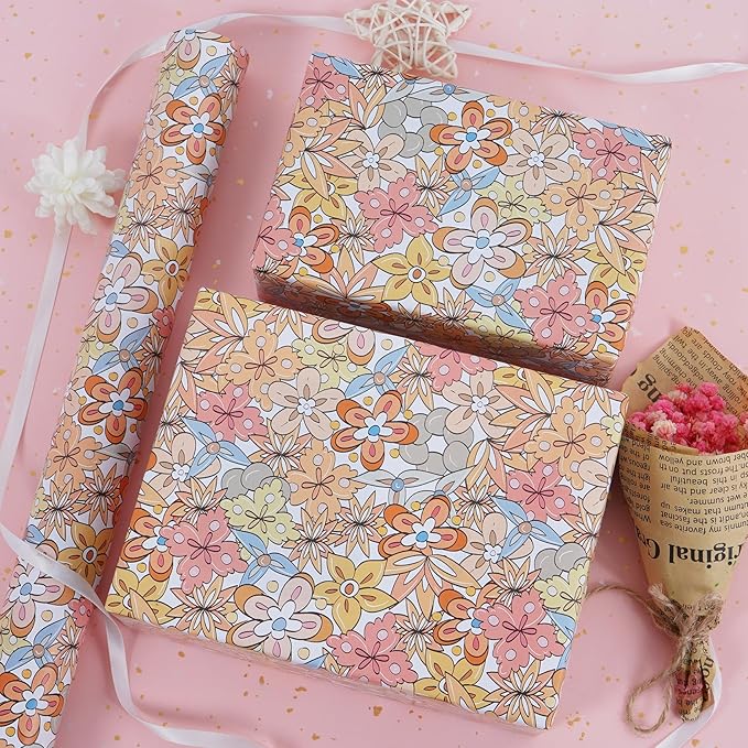 RayofSun Floral Wrapping Paper Roll 17 in x 32ft Mini Roll Boho Vintage Flower Gift Wrap All Occasion Wedding Birthday Bridal Shower Party Baby Shower Christmas