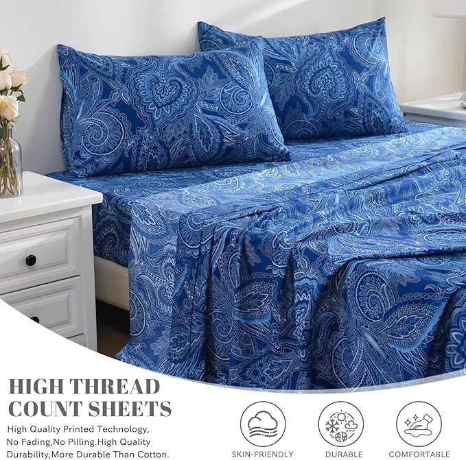 Bedlifes Full Sheet Set Ultra Soft, Breathable, Silky Flower Deep Pocket 100% Microfiber Bedding, 4 Piece Full Size Paisley Dark Navy Blue