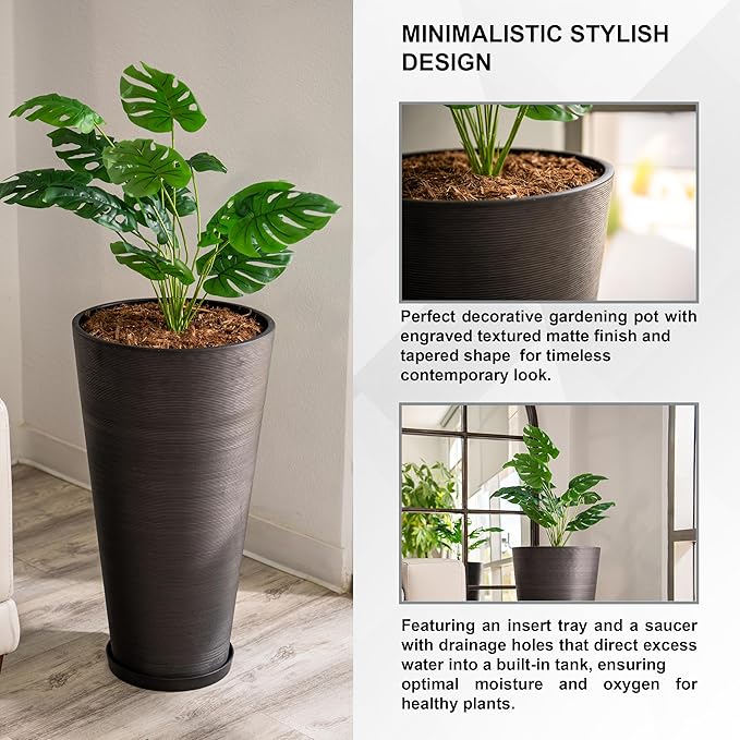 XBrand Modern 28-Inch Tall Round Planter, Modern Tapered Planter Perfect for Indoor & Outdoor Planter, Patio Décor, Black