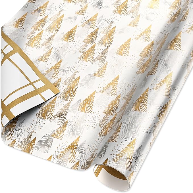American Greetings Foil Christmas Wrapping Paper Roll, Metallic Vintage Gold and White Holiday Gift Wrap (30 sq. ft., 1 Reversible Roll-30 in. x 12 ft.) Plaid and Trees
