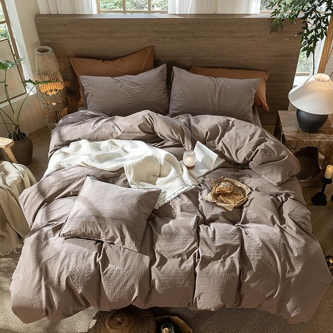 MooMee Wavy Striped Duvet Cover Set 100% Washed Cotton Linen Like Textured Breathable Durable Soft Comfy (Brown, Oversized Queen 98"x98")
