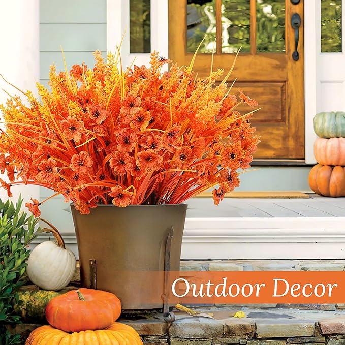 Der Rose 24 Bundles Fall Mums Artificial Flowers for Outdoor Fake Flowers Plants UV Resistant for Home Garden Porch Window Wedding Decor（Orange）