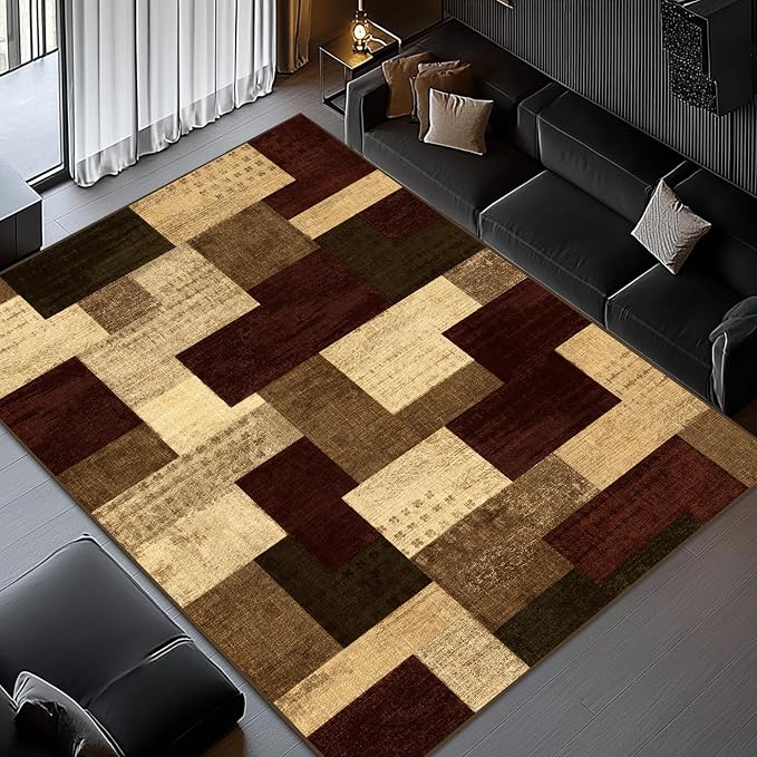 Modern Geometric Patchwork Indoor Area Rug for Living Room, Red 9x12 Large Rug Rockwood Collection Hardwood Floors Decor for Bedroom, Burgundy Throw Carpet for Office Entryway Dining Room