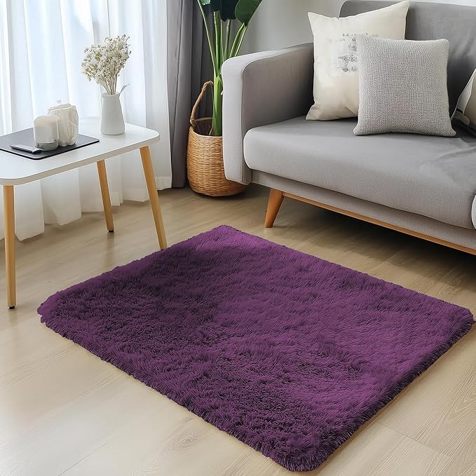 OLANLY 2x3 Machine Washable Small Bedside Rug, Soft Fluffy Shaggy Entryway Throw Rugs for Bedroom, Living Room, Indoor Floor Carpet for Kids Girls and Boys, Home Decor Aesthetic, Dark Purple