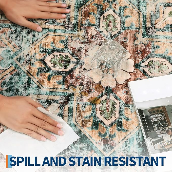 5x7 Area Rug Washable Boho Vintage Medal Print Small Carpet Non Slip Office Rugs Low Pile Soft Bedroom Carpet Non Shedding Nursery Floor Mats for Kitchen Dining Living Room Green Brown