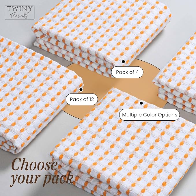 TWINY threads Waffle Dish Towels Set of 4, 16"x26" Kitchen Cloths, 100% Cotton, Soft & Absorbent Waffle Weave Hand Towel for Drying, Wiping, Polishing & Daily Kitchen Tasks, Mustard Yellow, White