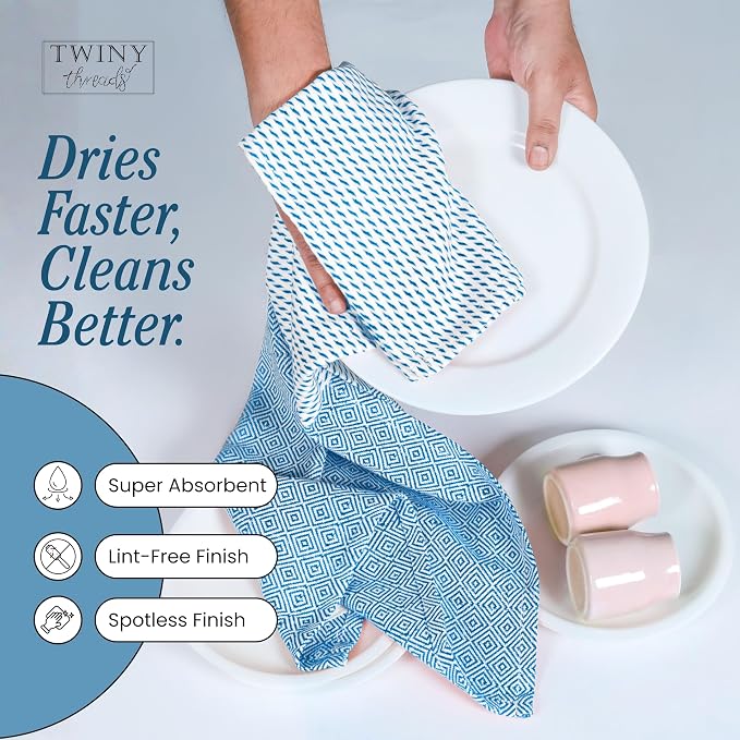 TWINY threads Kitchen Towel Diamond Weave, Premium Large Kitchen Linen Set, 100% Cotton Dish Rag, Absorbent Quick Drying Wash Rags for Drying Dishes, Reusable, Set of 4, 18x26 Inches, Turquiose