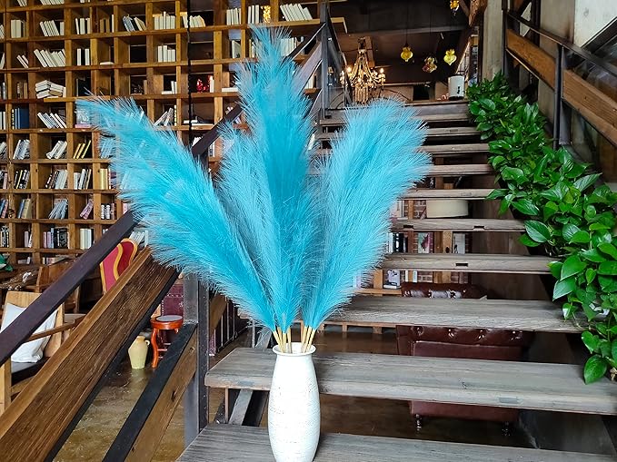 Premium Faux Pampas Grass Decor Tall & Fluffy, No Assembly Needed Long Pampas, Luxury Large Floral, Elegant Feather Flowers for Wedding Decorations(Faux Teal, 8pcs 43.3"(110cm))