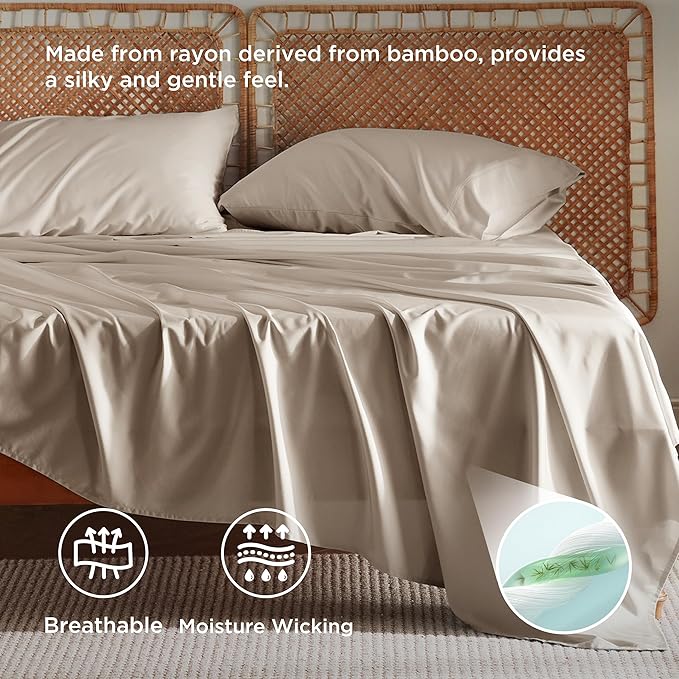 Bedsure Queen Sheet Set, Rayon Derived from Bamboo, Cooling Sheets, Breathable & Soft, Deep Pocket Up to 16 Inches, Hotel Luxury Silky Bedding for Hot Sleepers, Simply Taupe
