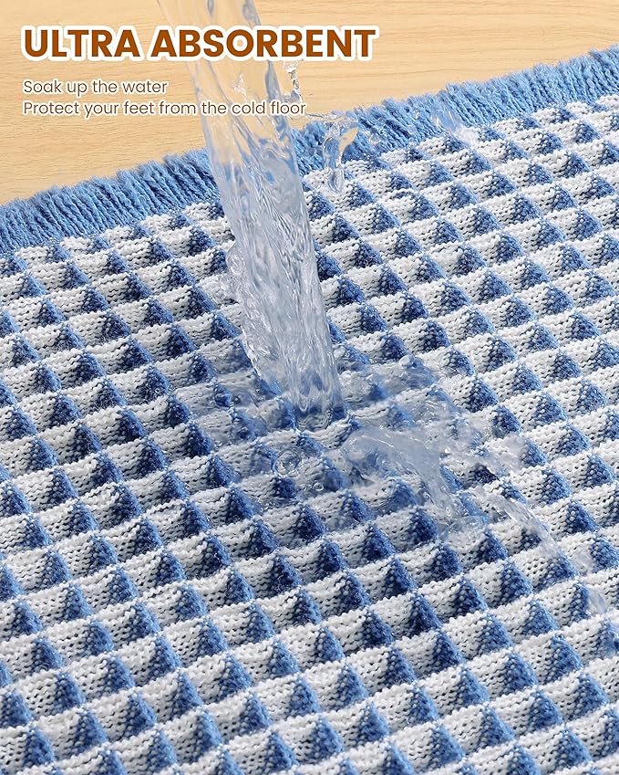 Smiry Waffle Bath Mat 36x24, Extra Soft Absorbent Bathroom Rugs, Non Slip Machine Washable Quick Dry Bath Rugs for Bathroom Floor, Tub, Shower, Home Decor Accessories, Blue & Cream