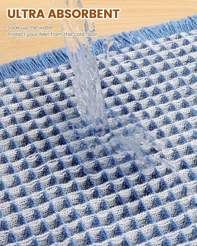 Smiry Waffle Bath Mat 47x24, Extra Soft Absorbent Bathroom Rugs, Non Slip Machine Washable Quick Dry Bath Rugs for Bathroom Floor, Tub, Shower, Home Decor Accessories, Blue & Cream