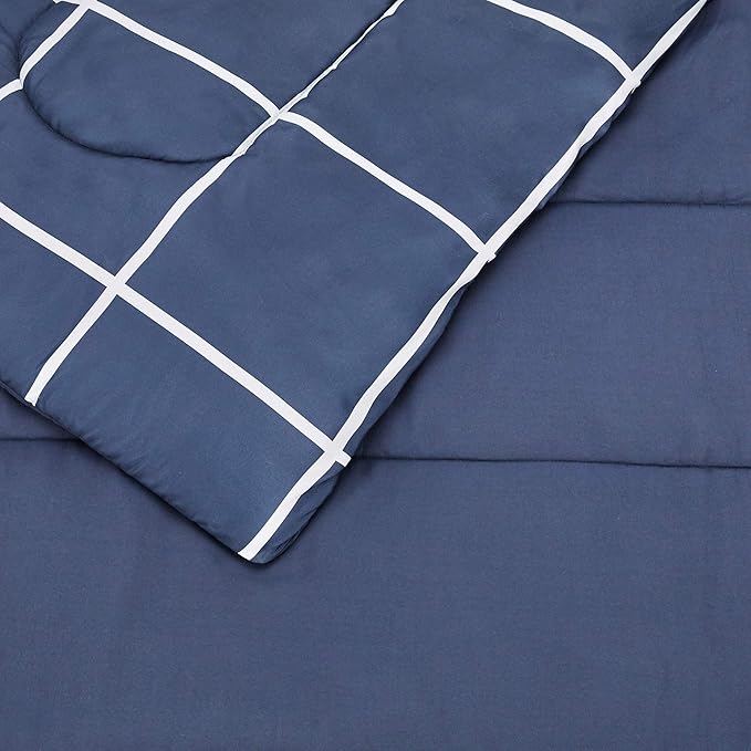 Amazon Basics Full/Queen Comforter Set with Sheets, 7-Piece Navy with Grey Plaid Bedding, Lightweight Microfiber Bed-in-a-Bag