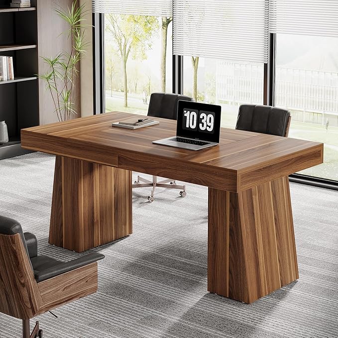 Tribesigns 55 Inches Executive Desk, Mid-Century Modern Home Office Desk with Double Trapezoid Base, Wood Computer Desk Business Workstation Desk Small Conference Table, Brown
