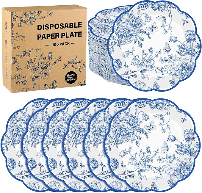 100 Pieces Blue Floral Paper Plates 9 Inches Disposable Blue and White Flower Scalloped Plates Vintage Floral Dinner Dessert Decorative Plate for Wedding Baby Shower Birthday Party Supplies