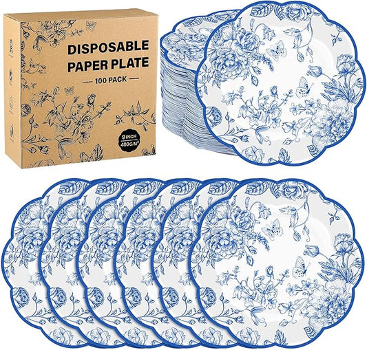 100 Pieces Blue Floral Paper Plates 9 Inches Disposable Blue and White Flower Scalloped Plates Vintage Floral Dinner Dessert Decorative Plate for Wedding Baby Shower Birthday Party Supplies