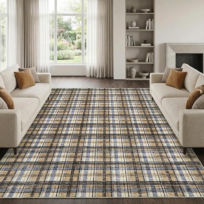 Living Room Rug 4x6 Washable Area Rug for Bedroom Modern Boho Border Non Slip Throw Rugs Soft Low Pile Stain Resistant Carpet for Nursery Classroom Dining Room 4'x6' Blue&Camel