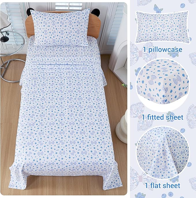 Viviland 3 Pieces Girls Blueberry Twin Sheet Set - Soft Microfiber Fitted Flat Sheets & Pillowcase - Blue Bow Blueberry Bedding Sets - for Kids & Toddlers