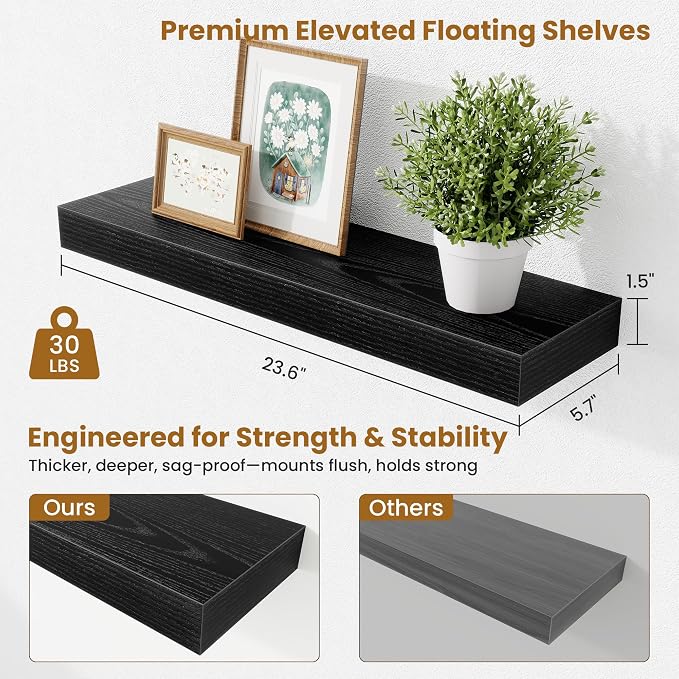 Fun Memories Floating Shelves Set of 2, 24 Inch Floating Shelves for Wall, Wood Wall Shelves with Invisible Brackets, for Bathroom, Bedroom, Living Room, Kitchen, Black