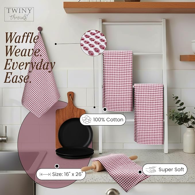 TWINY threads 4 Pack Circle Waffle Kitchen Towels 16x26 Inch, 100% Cotton, Absorbent, Premium Quality, Thick, Waffle Texture Dishcloth Set, Ideal for Drying Dishes Washing, General Cleaning, Burgundy