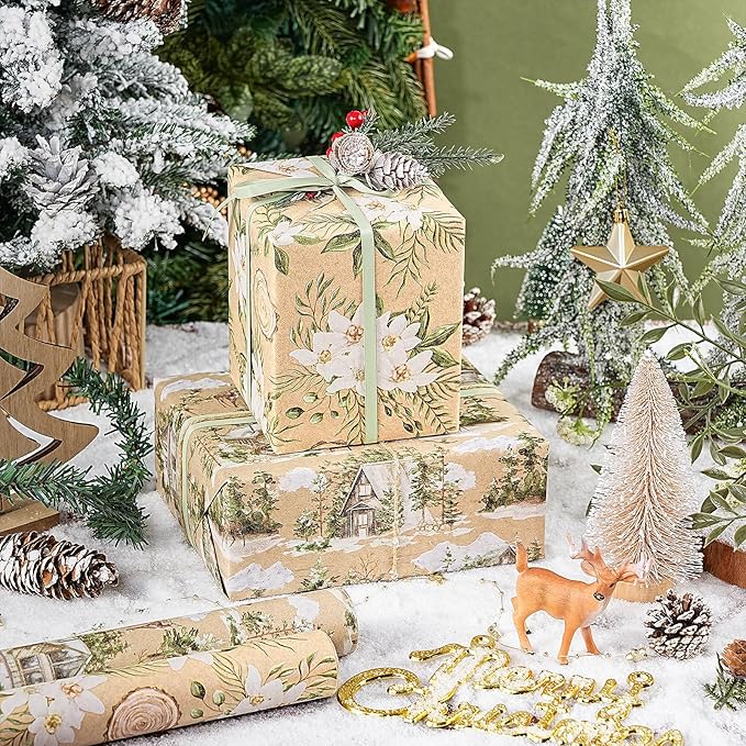 RUSPEPA Christmas Wrapping Paper Set, Jumbo Roll, Vintage Reindeer, Cabin, Bear and White Flower Design, Kraft Gift Wrap for Christmas, Holiday, Rustic Wedding, 4 Rolls, 30 inches x 10 feet per Roll