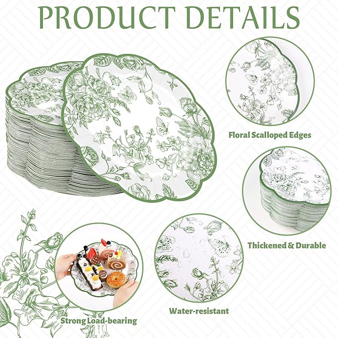 100 Pieces Sage Green Floral Paper Plates 9 Inches Disposable Green Flower Scalloped Plates Vintage Floral Dinner Dessert Decorative Plate for Wedding Baby Shower Birthday Party Supplies