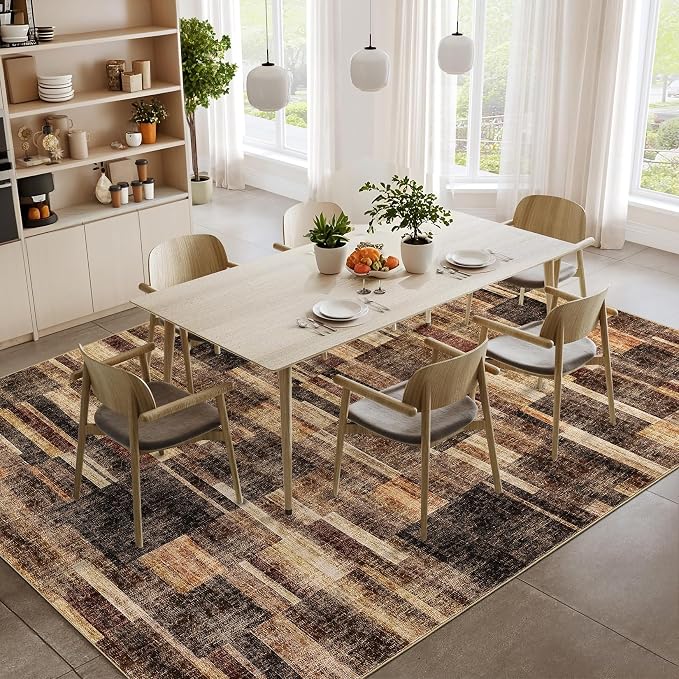 Large Living Room Area Rug 8x10 - Machine Washable Modern Rugs Geometric Brown Rug Non Slip Non-Shedding Low Pile Farmhouse Carpet for Bedroom Nursery Classroom Dorm 8'x10' Brown